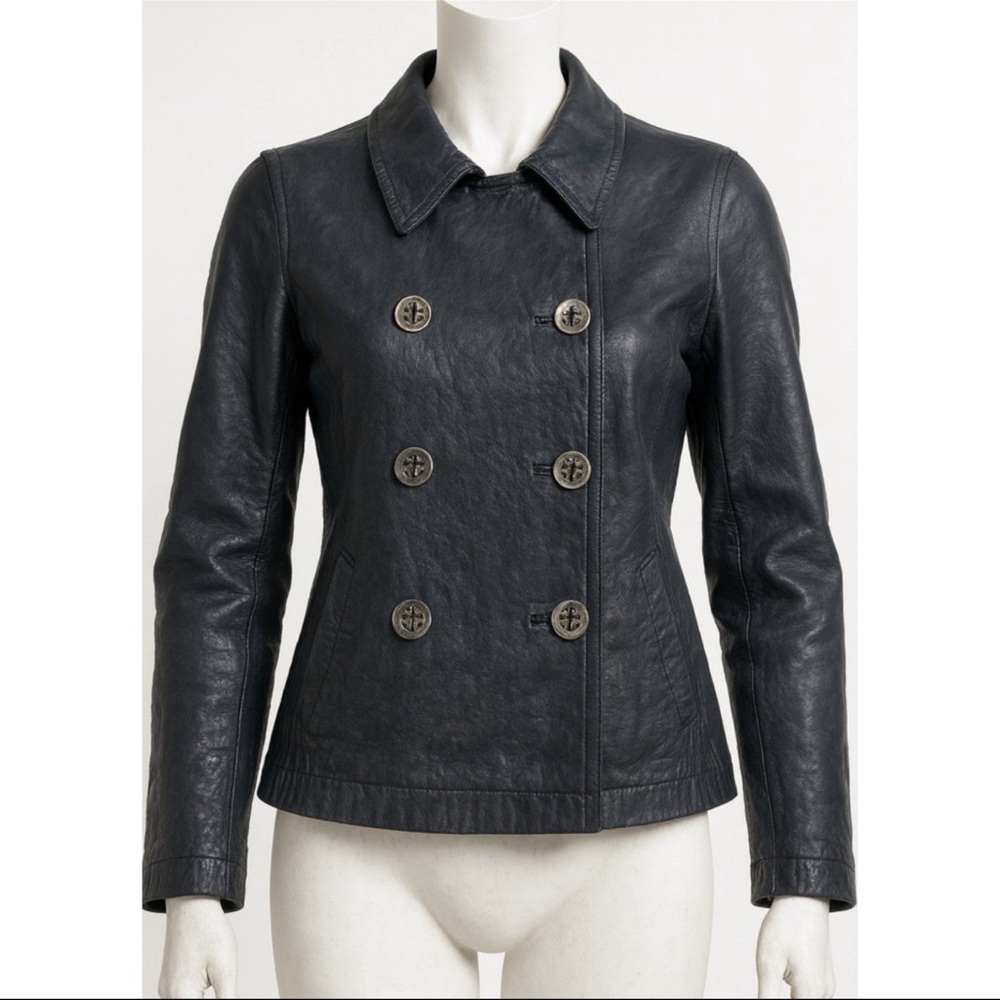 Vintage 90s Ralph Lauren Nautical Navy Double-Breasted Leather Jacket SZ: M